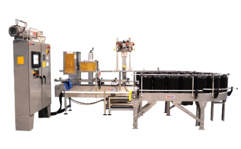 2 – Head In-line Automatic Net Weight Bottom Filling & Closing Machine for 1 Gallon to 5 Gallon Containers with Bottom Fill Cart